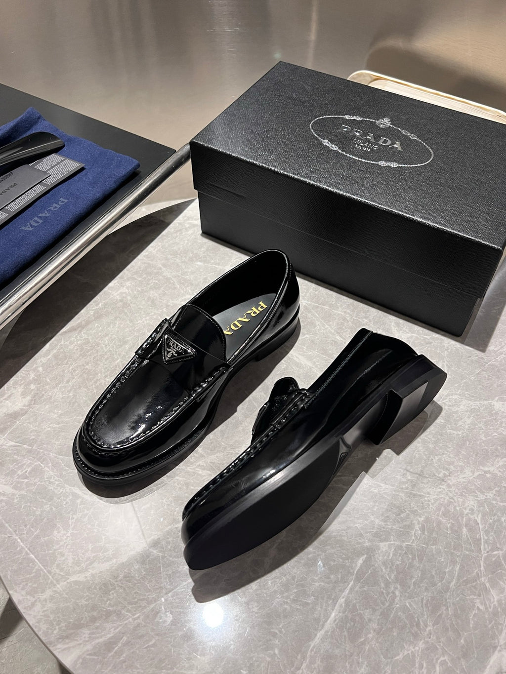 Prada unisex black patent loafers with thick sole and logo strap