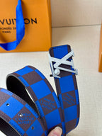 Louis Vuitton belt view of blue check strap ends with silver buckle hardware.