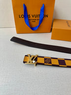 Leather belt with check-pattern band and silver-tone LV logo buckle