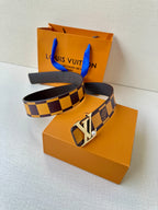 Check-pattern belt with gold-tone LV buckle and dark leather strap