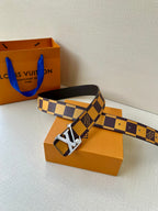 Check-pattern leather belt with dark strap and silver-tone LV logo buckle