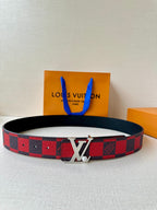 Louis Vuitton belt with red-and-black check pattern and silver LV buckle