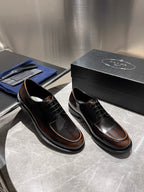 Dark brown leather lace-up shoes with black sole and brown edge trim
