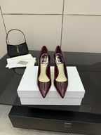 Burgundy patent leather pointed-toe stiletto pump shoes with slim high heel