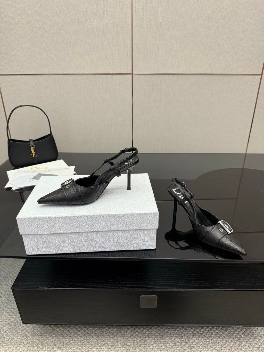 Black Dior slingback pumps, pointed toe, silver buckle strap, slim high heel