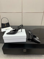 Black Dior slingback pumps, pointed toe, silver buckle strap, slim high heel