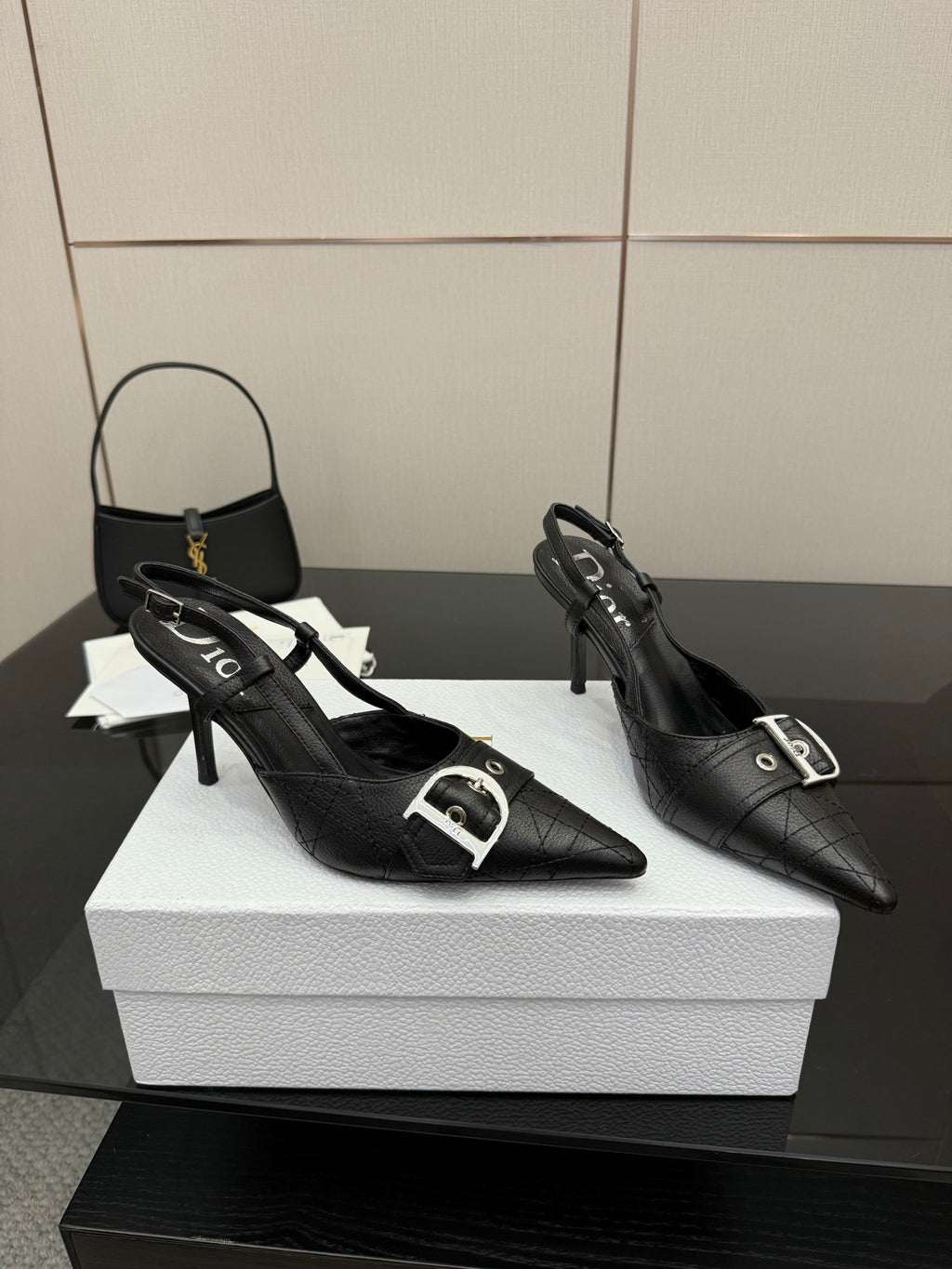 Black Dior slingback pumps, pointed toe, silver buckle, thin high heel