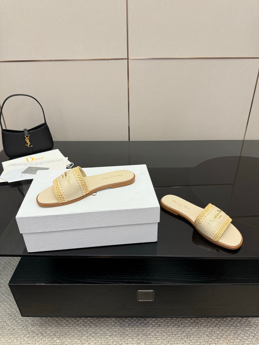 Women's slide sandals, cream upper with gold logo trim and flat tan sole