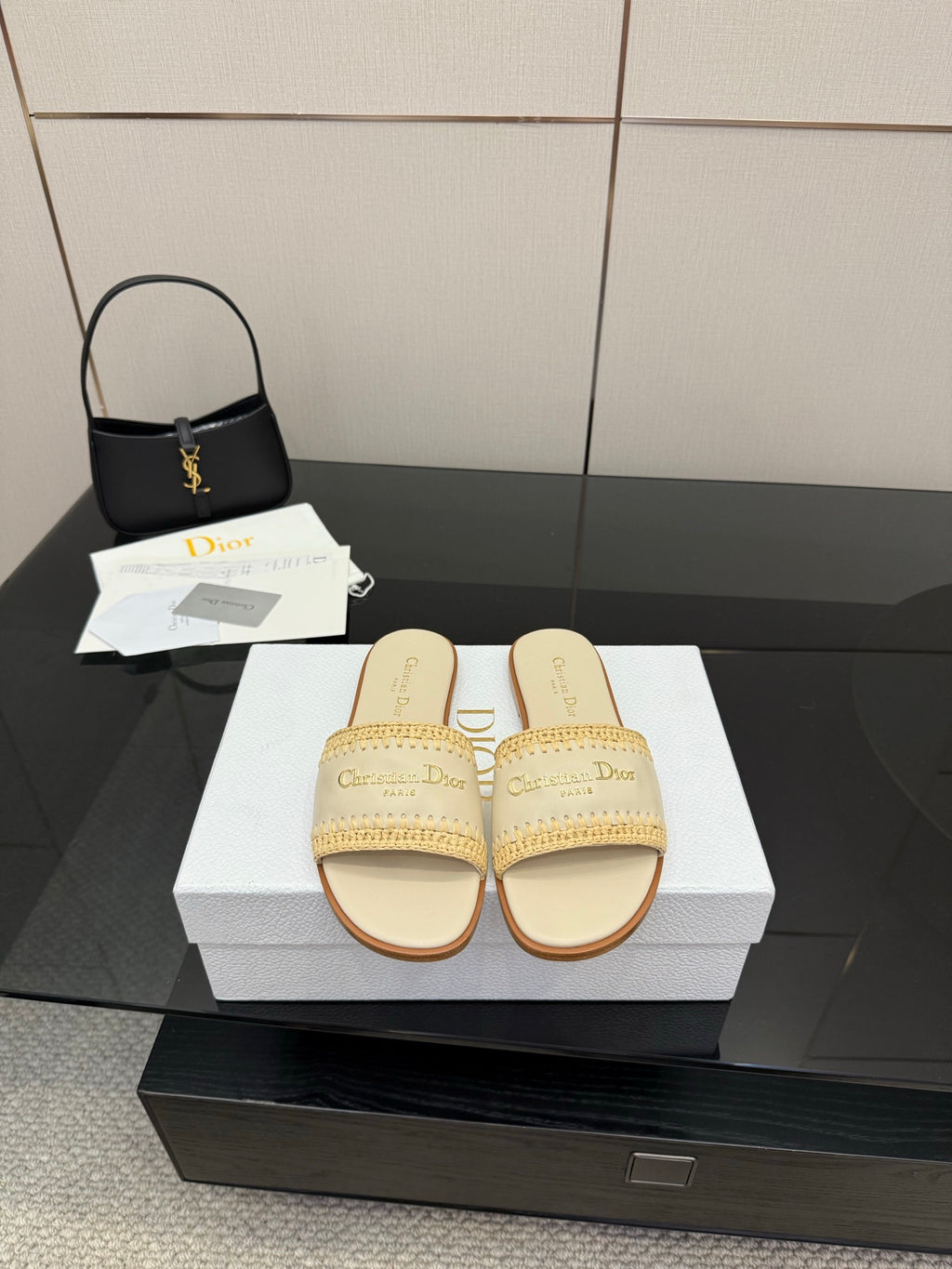 Women's slide sandals, cream upper with gold logo strap and tan sole
