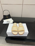 Women's slide sandals, cream upper with gold logo strap and tan sole