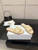 Women's slide sandals with cream quilted strap and gold Dior-style logo detail