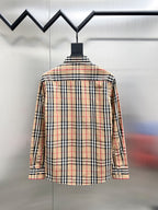 Burberry long-sleeve plaid shirt, back view with yoke and buttoned cuffs in beige