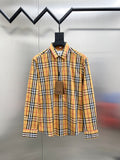 Burberry long-sleeve plaid button-up shirt on hanger, button front and pointed collar