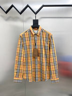 Burberry long-sleeve plaid button-up shirt on hanger, button front and pointed collar
