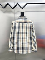 Long-sleeve plaid button-up shirt, back view, cream with navy and tan checks.