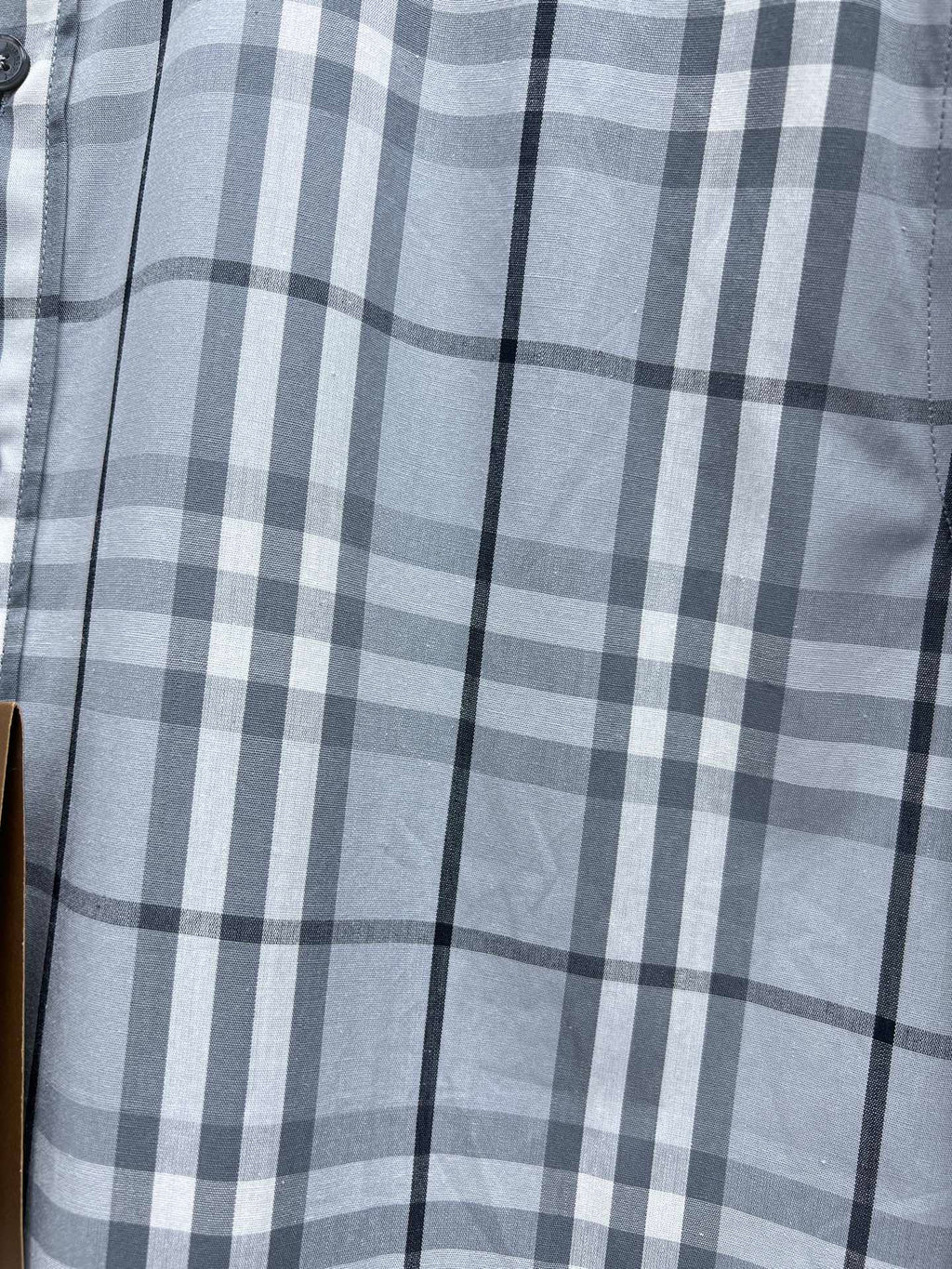 Burberry plaid button-up shirt with light blue and white check pattern, chest view