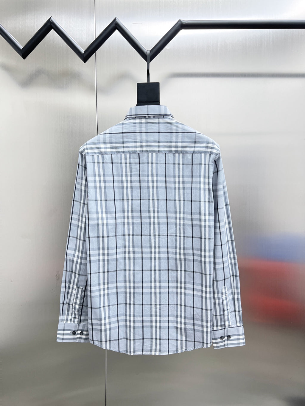 Burberry long-sleeve button-up shirt in light blue and white plaid, back view
