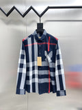 Burberry long-sleeve button-up shirt: navy/red/white check, front chest graphic