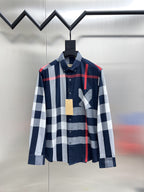 Burberry long-sleeve button-up shirt: navy/red/white check, front chest graphic