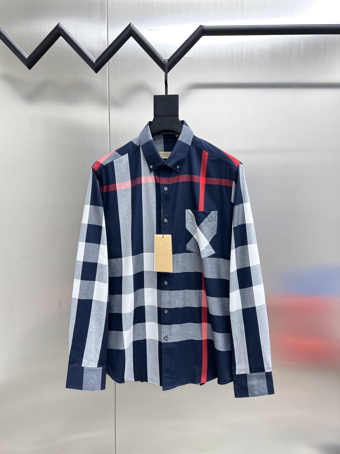Burberry long-sleeve button-up shirt: navy/red/white check, front chest graphic