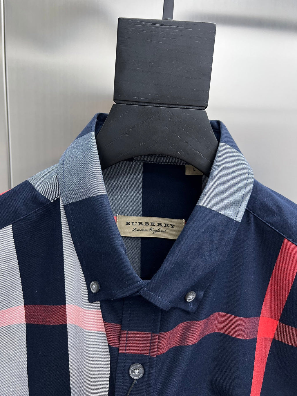 Burberry long-sleeve button-up shirt, check collar and button placket with logo tag