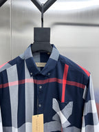 Burberry long-sleeve button-up shirt with check panels, patch pocket and pointed collar