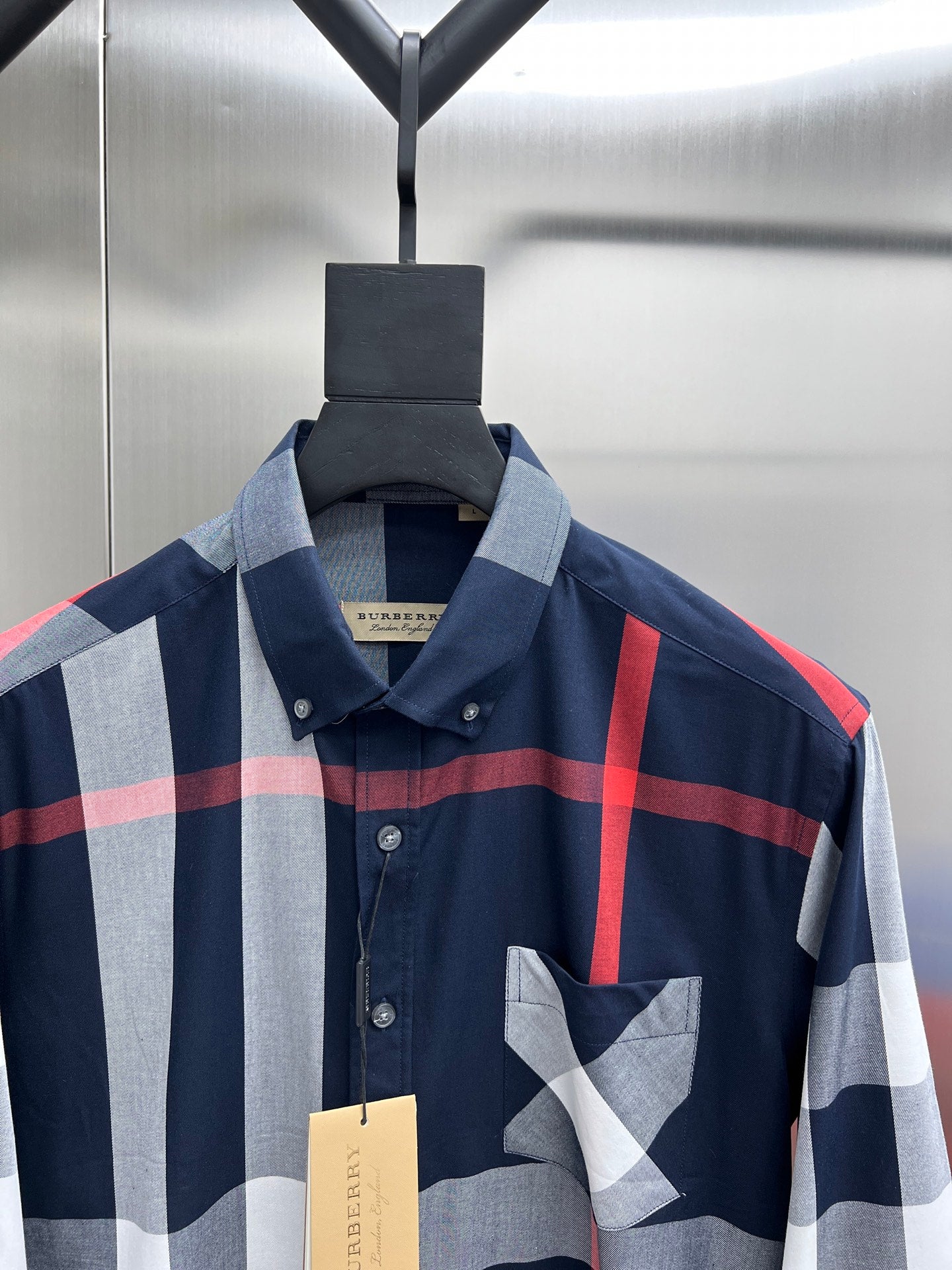 Burberry long-sleeve button-up shirt with check panels, patch pocket and pointed collar