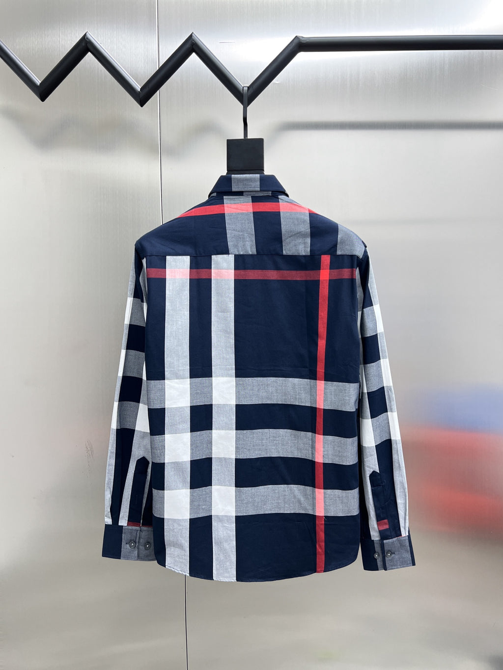 Burberry long-sleeve button-up shirt: navy/red/white check, back view