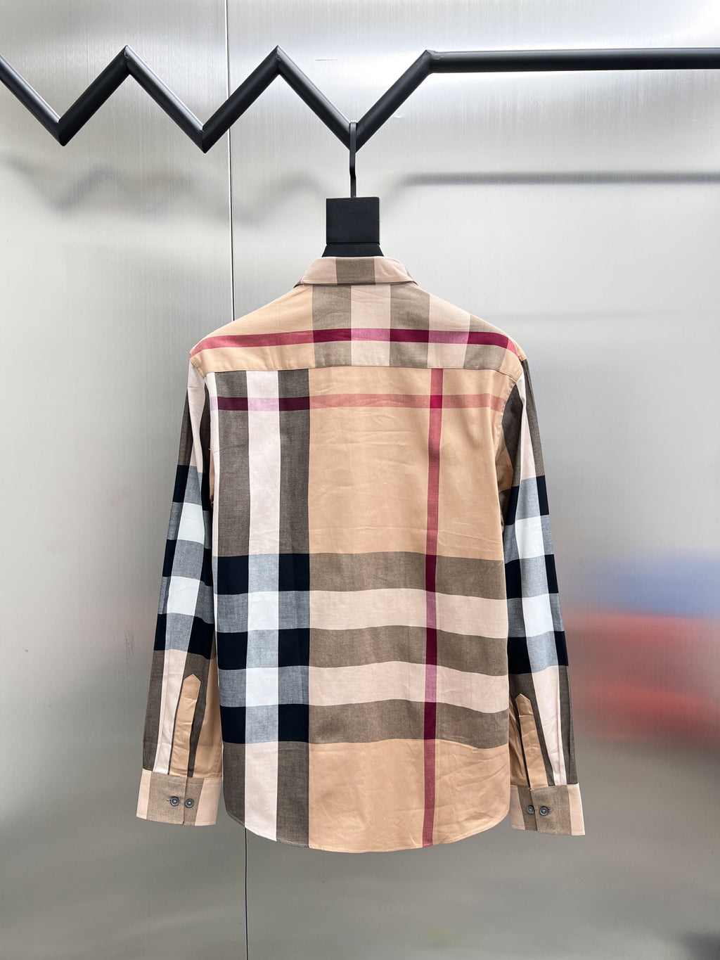 Beige plaid long-sleeve button-up shirt, back view, with multicolor check panels