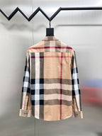 Beige plaid long-sleeve button-up shirt, back view, with multicolor check panels