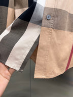 Beige long-sleeve plaid shirt cuff with button