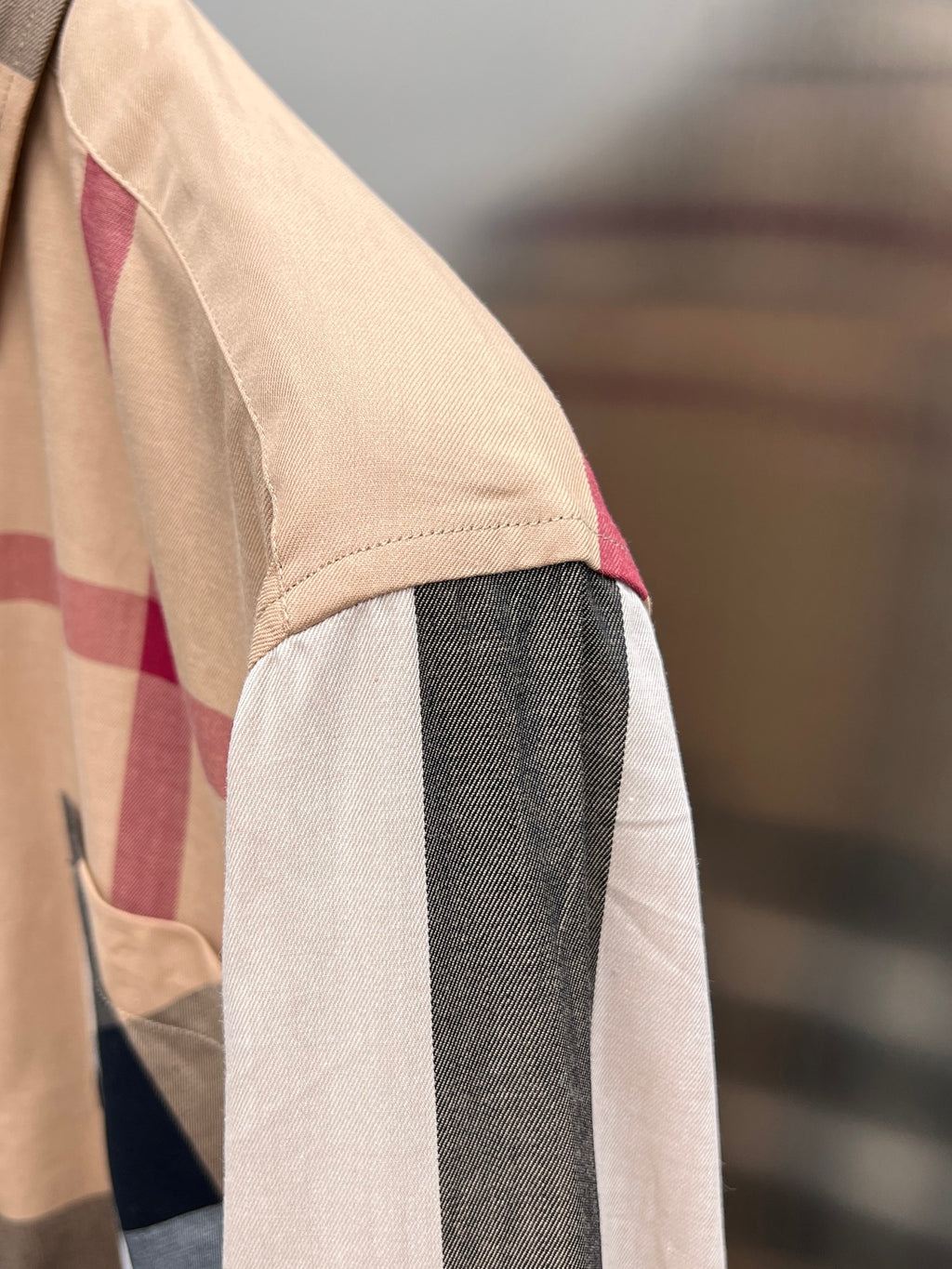 Plaid long-sleeve shirt sleeve with beige, dark blue, and gray vertical stripe panel