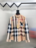 Beige plaid long-sleeve button-up shirt with dark blue checks and chest patch pocket