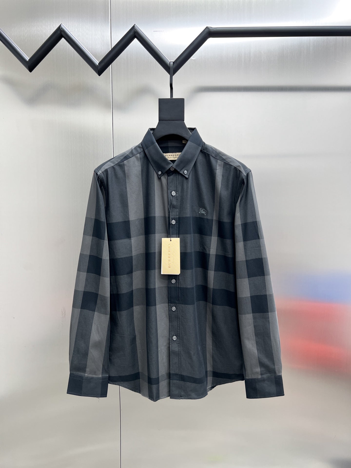 Burberry long-sleeve check shirt in dark blue-gray plaid, button front, pointed collar