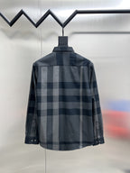 Burberry long-sleeve check shirt, back view, dark blue-gray plaid with button placket