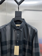Burberry check long-sleeve shirt with pointed collar and front buttons, dark blue-gray plaid
