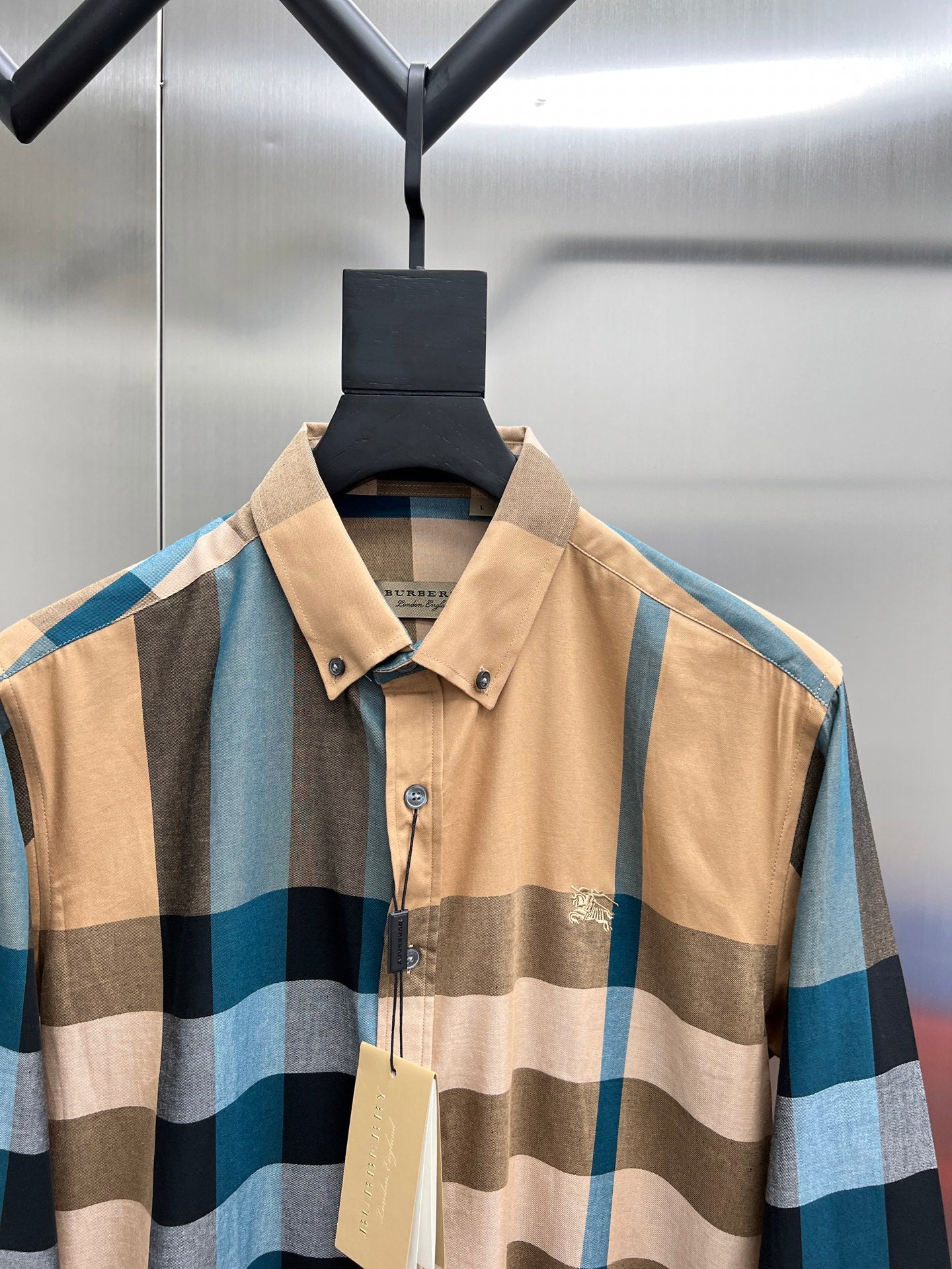 Burberry long-sleeve button-up shirt with pointed collar in beige and blue plaid