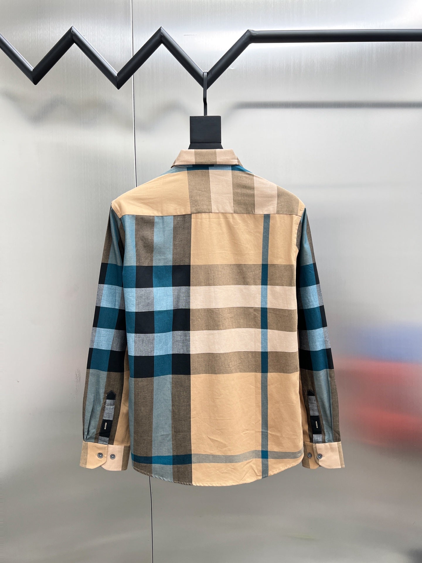 Burberry long-sleeve button-up shirt back view in beige, blue, and dark plaid
