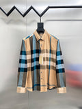 Burberry long-sleeve button-up shirt in beige, blue, and dark plaid check pattern