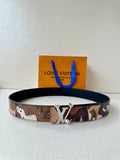 Printed monogram belt with dark strap and silver-toned LV logo buckle plate