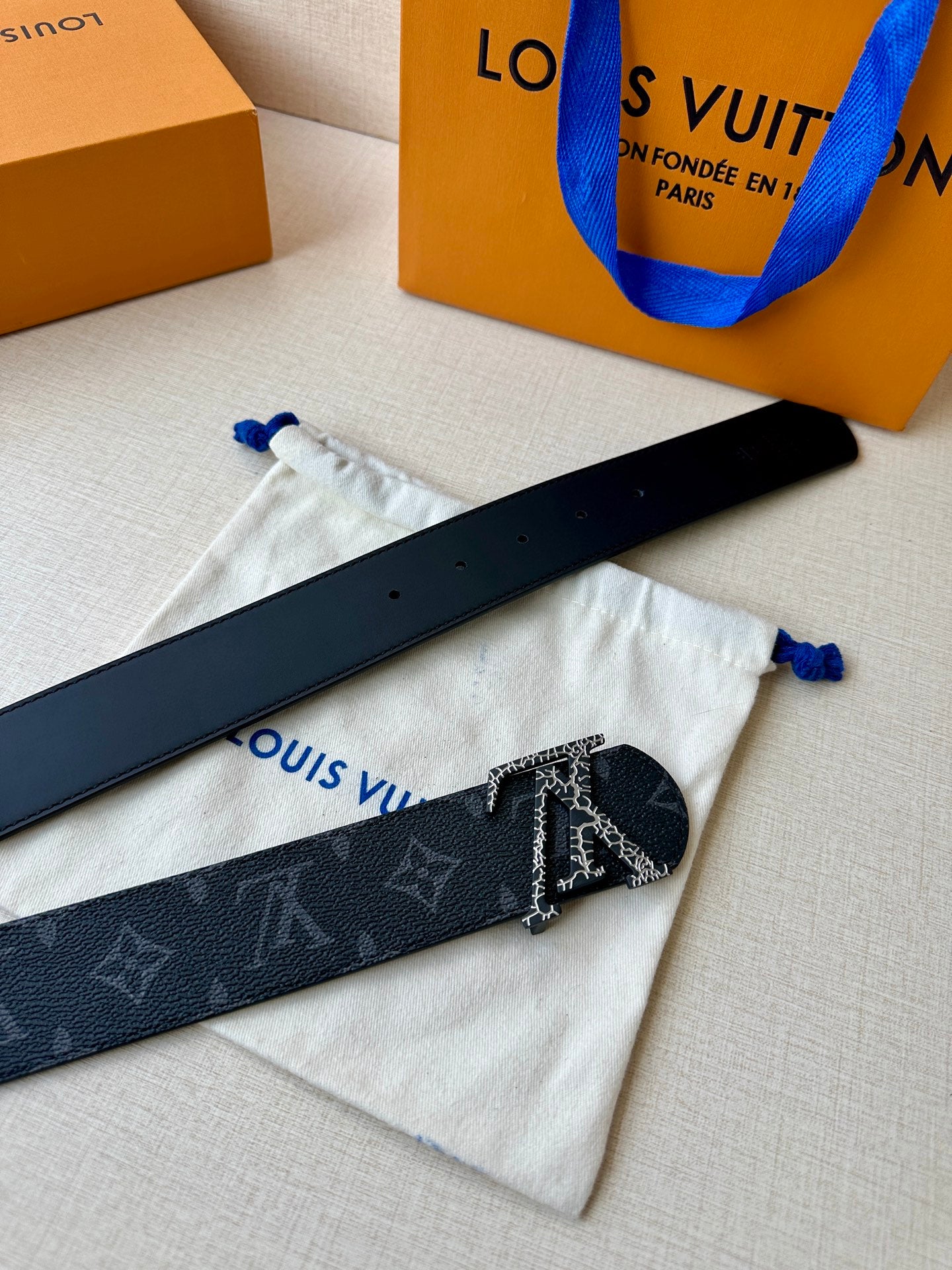 Louis Vuitton monogram belt strap, dark navy, with silver-tone buckle detail