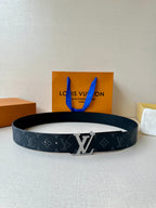 Louis Vuitton monogram belt, dark strap, silver-tone LV buckle