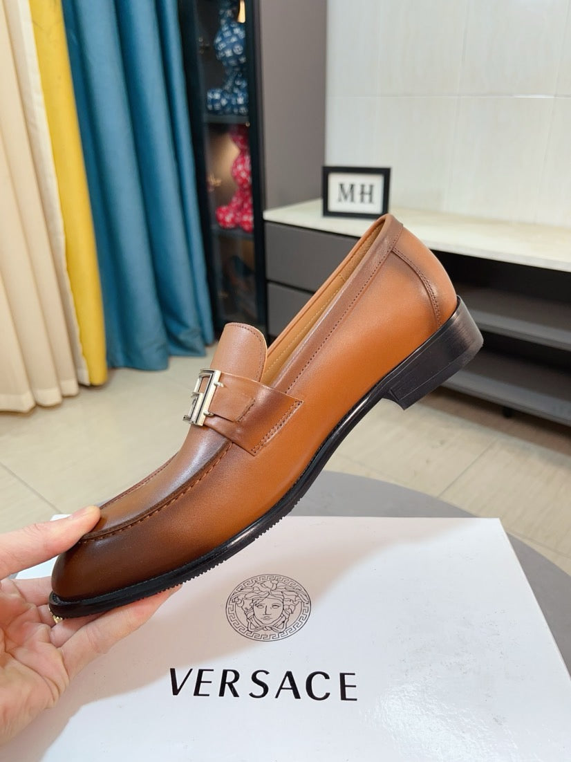 Versace leather loafer with square buckle, tan-brown, side view