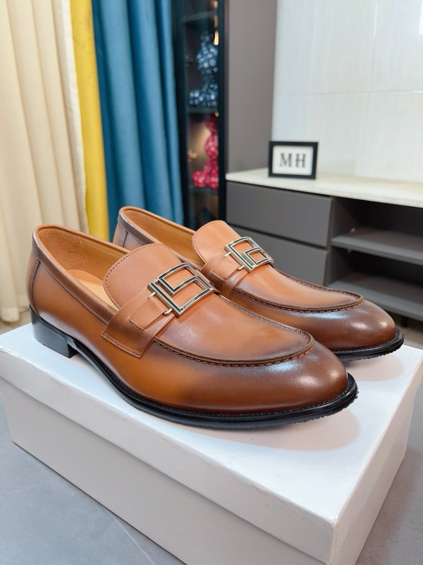 Versace leather loafer with square buckle, tan-brown, angled view