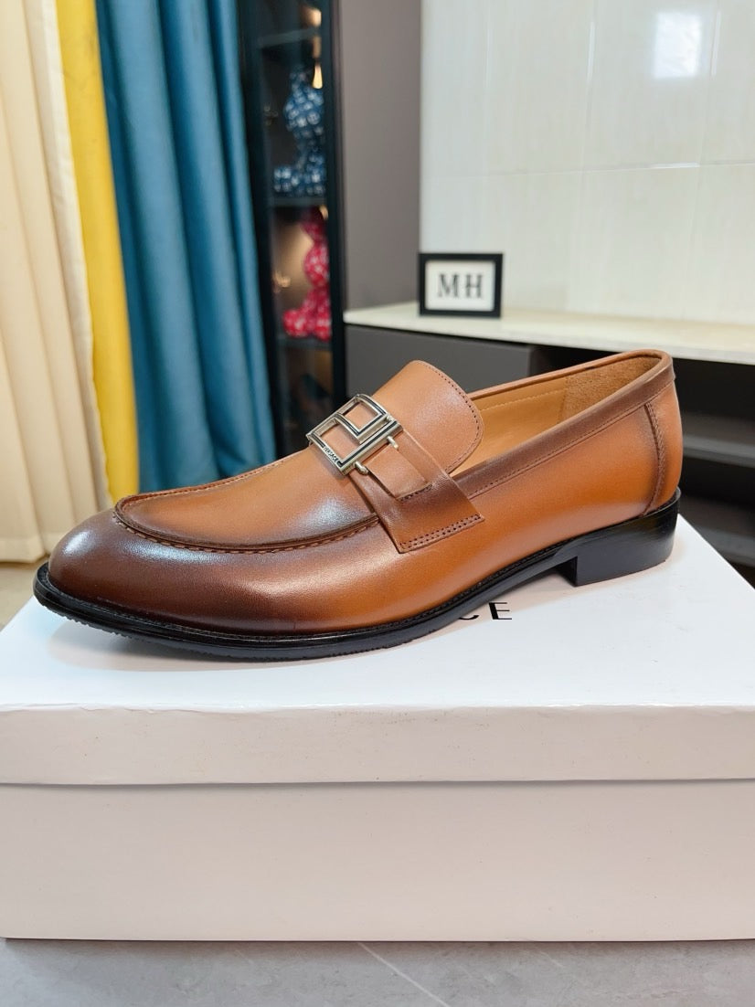 Versace leather loafer with square buckle, tan-brown side profile