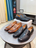 Versace leather loafer pair with square buckle, tan and dark brown colorways