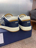 Dior unisex sneakers, navy canvas with white laces, tan heel stripe and Dior tabs