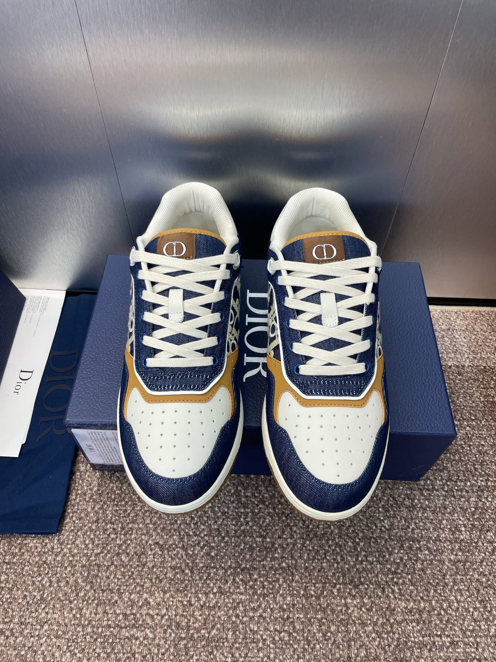 Dior unisex sneakers, navy blue with white laces and tan side panels