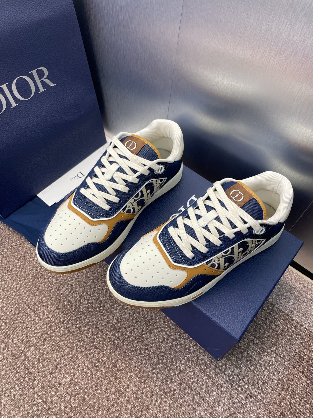 Dior unisex sneakers, navy blue with white laces and tan accent trim