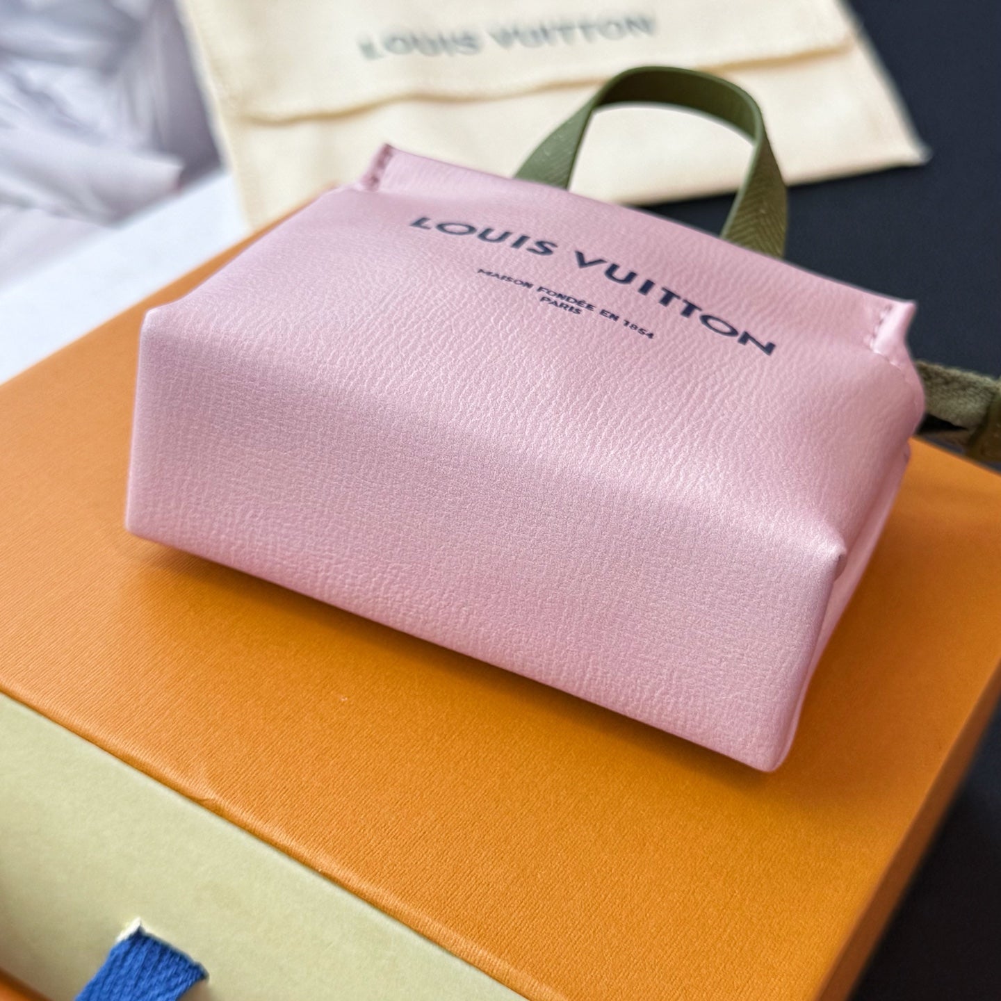 Pink small bag with green handle, silver zip top, and Louis Vuitton logo detail.